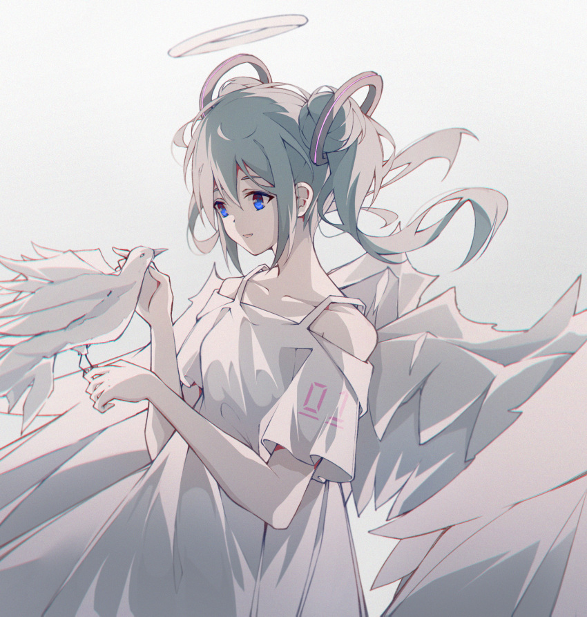 1girl, alternate_hair_length, alternate_hairstyle, angel, angel_wings, aqua_hair, bare_shoulders, bird