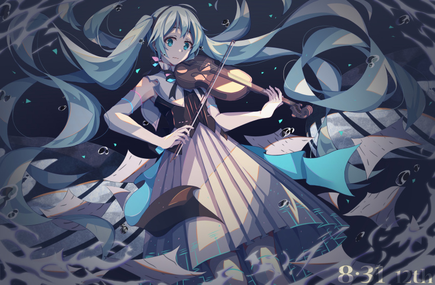 1girl, absurdly_long_hair, absurdres, aqua_eyes, aqua_hair, bare_shoulders, black_shirt, bubble