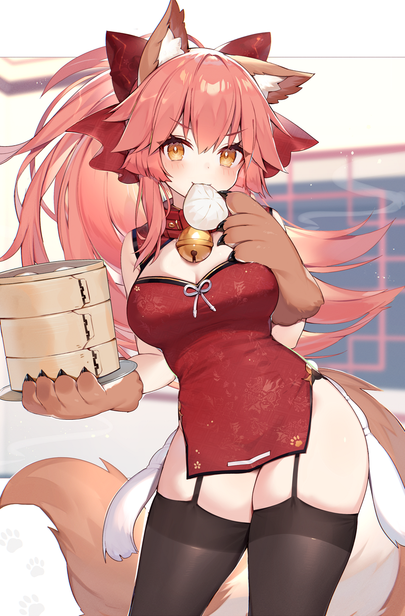 1girl, animal_ear_fluff, animal_ears, bell, bell_collar, blush, breasts, china_dress