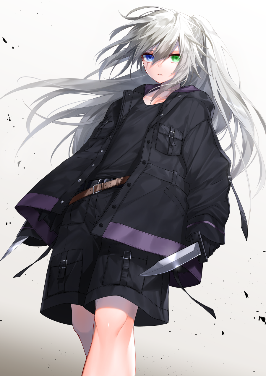 1boy, bangs, belt, black_belt, black_gloves, black_jacket, black_shirt, black_shorts