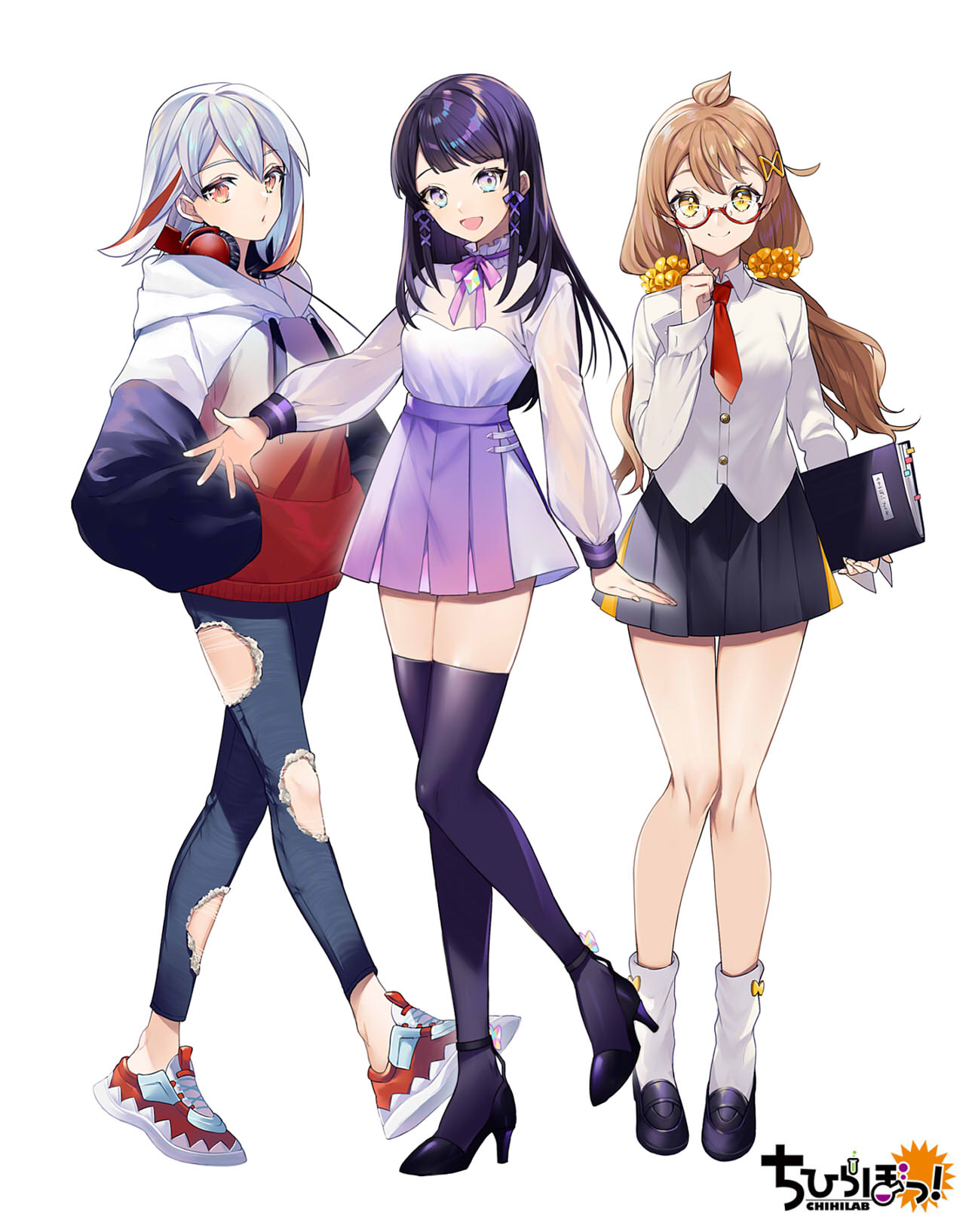 3girls, :d, akamaki_ritsu, black_skirt, blue_pants, brown_eyes, brown_hair, chihilab, copyright_request, denim, hair_ornament, hair_scrunchie, hands_in_pockets, headphones, headphones_around_neck, high-waist_skirt, high_heels, highres, holding, holding_notebook, hood, hood_down, hoodie, ishiguro_chihiro, jeans, long_hair, long_sleeves, looking_at_viewer, low_twintails, medium_hair, miniskirt, multicolored_hair, multiple_girls, neck_ribbon, necktie, notebook, open_mouth, pants, parted_lips, pink_eyes, pink_neckwear, pink_ribbon, purple_footwear, purple_hair, purple_legwear, purple_skirt, red_eyes, red_footwear, red_neckwear, ribbon, scrunchie, shirt, shoes, skirt, smile, socks, sogawa, streaked_hair, thigh-highs, torn_clothes, torn_pants, tsukasa_(chihilab), twintails, virtual_youtuber, white_hair, white_legwear, white_shirt, zettai_ryouiki