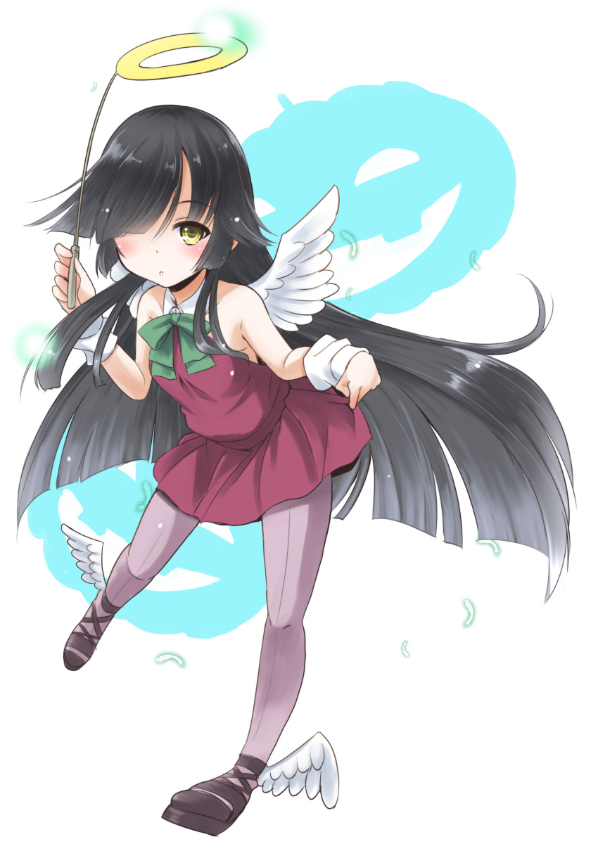 1girl, absurdres, adapted_costume, angel_wings, ankle_wings, black_hair, collar, commentary_request, dress, full_body, green_neckwear, grey_legwear, hair_over_one_eye, halo, hayashimo_(kantai_collection), highres, jack-o'-lantern, kantai_collection, long_hair, pantyhose, purple_dress, solo, taisinkoku, very_long_hair, white_background, white_collar, white_wings, winged_footwear, wings, yellow_eyes