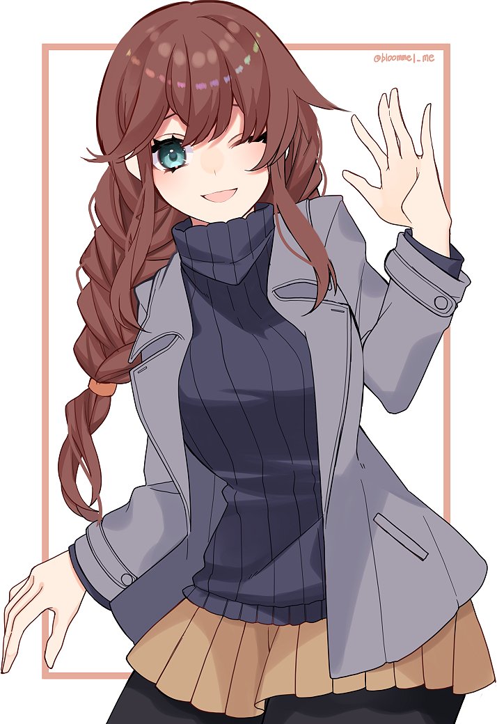 1girl, bangs, black_legwear, black_sweater, blazer, braid, brown_hair, brown_skirt