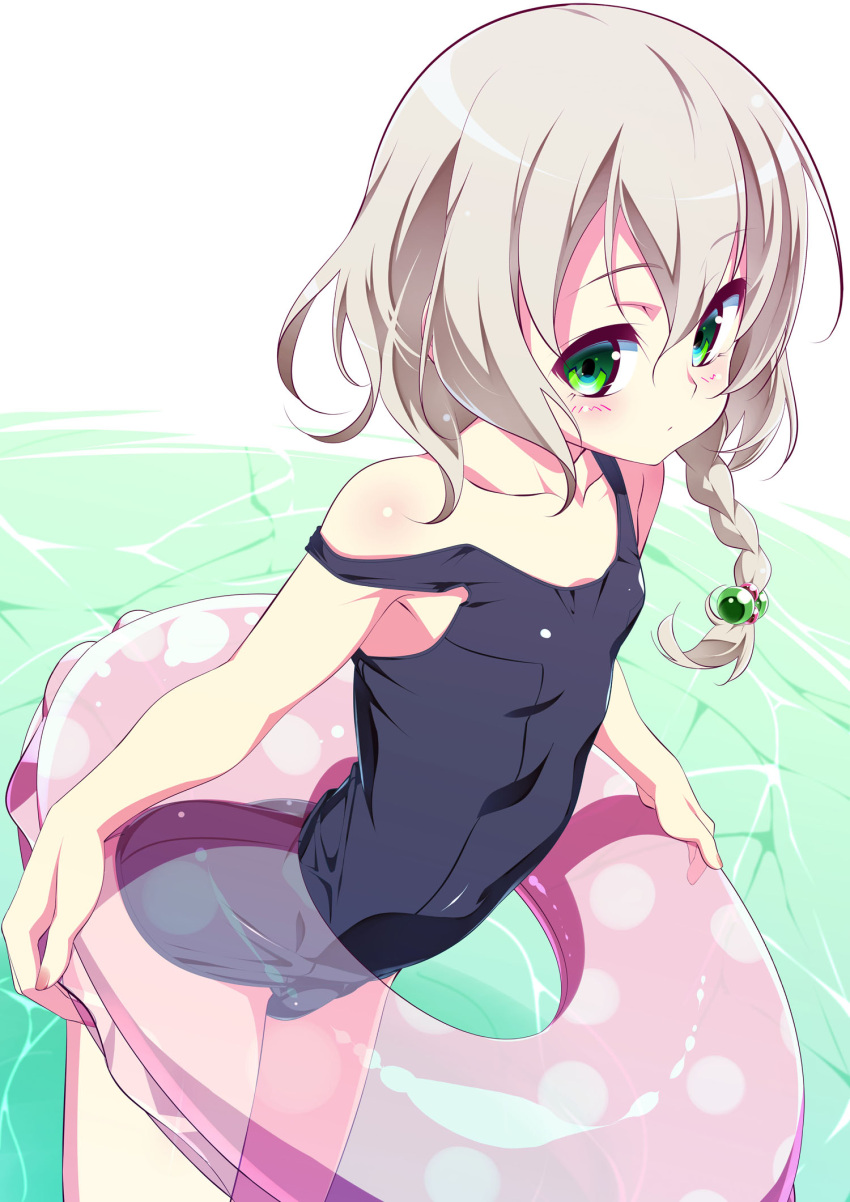 1girl, bare_shoulders, blue_swimsuit, blush, braid, breasts, green_eyes, hair_ornament