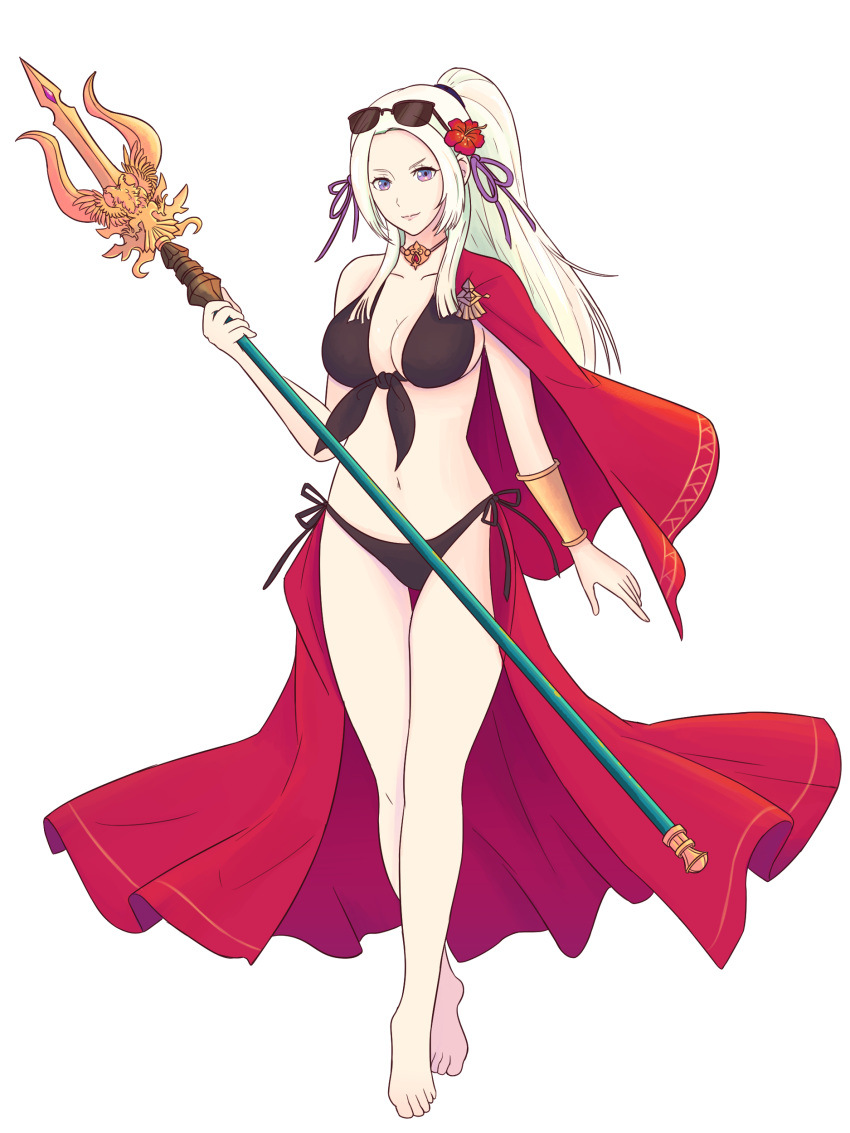 1girl, alternate_hairstyle, barefoot, bikini, black_bikini, bracelet, cape, cute, edelgard_von_hresvelg, fire_emblem, fire_emblem:_three_houses, fire_emblem:_three_houses, fire_emblem_16, fire_emblem_heroes, flower, flower_hair_ornament, hair_ornament, hair_ribbon, hibiscus, intelligent_systems, long_hair, navel, nintendo, parted_lips, ponytail, purple_ribbon, red_cape, ribbon, simple_background, solo, sunglasses, sunglasses_on_head, swimsuit, trident, true_jek_art, truejekart, violet_eyes, weapon, white_hair