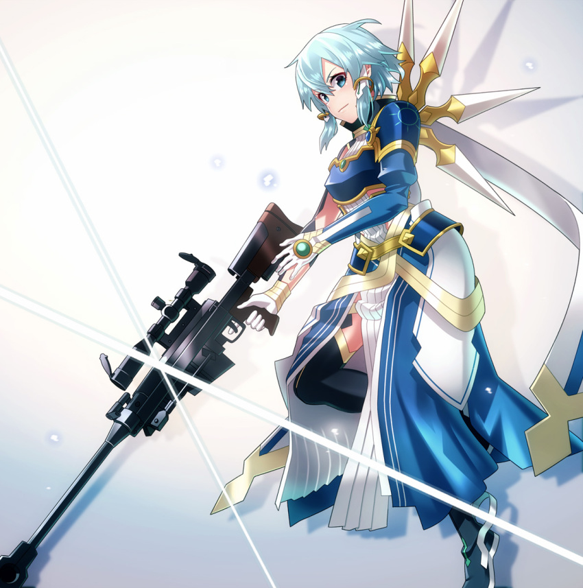 1girl, armor, bangs, black_footwear, black_legwear, blue_eyes, blue_hair, boots, breastplate, closed_mouth, faulds, gloves, hair_between_eyes, highres, is_ii, pgm_hecate_ii, shiny, shiny_hair, short_hair, shoulder_armor, sidelocks, sinon_(solus), solo, sword_art_online, sword_art_online:_alicization, thigh-highs, thigh_boots, white_background, white_gloves