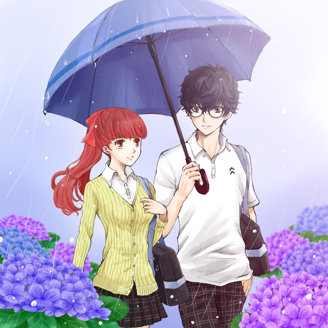 1boy, 1girl, amamiya_ren, atlus, black_eyes, black_hair, black_pants, black_skirt, collared_shirt, dress_shirt, erimiyaman, floating_hair, flower, glasses, grin, holding, holding_umbrella, long_hair, megami_tensei, miniskirt, pants, persona, persona_5, persona_5_the_royal, plaid, plaid_pants, plaid_skirt, pleated_skirt, purple_flower, rain, red_eyes, redhead, sega, shared_umbrella, shin_megami_tensei, shiny, shiny_hair, shirt, short_sleeves, skirt, smile, umbrella, white_shirt, wing_collar, yellow_shirt, yoshizawa_kasumi