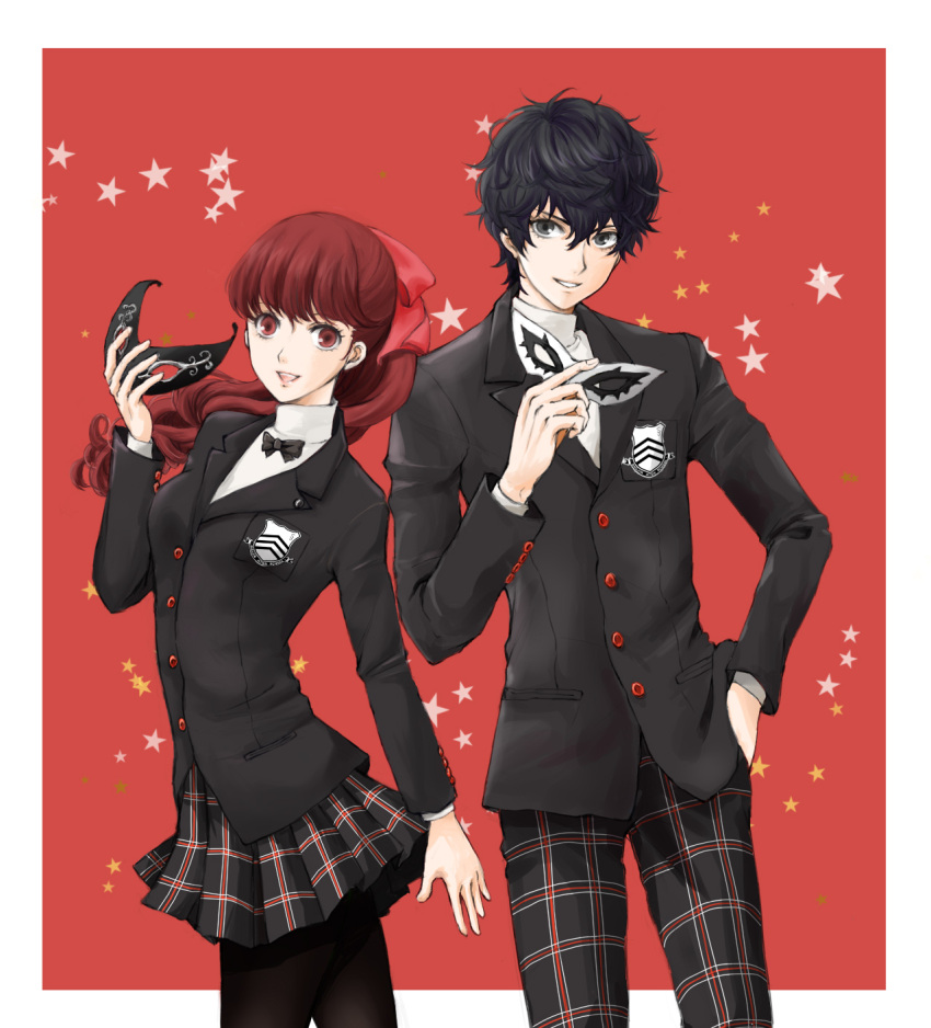 1boy, 1girl, amamiya_ren, atlus, black_eyes, black_hair, black_jacket, black_legwear