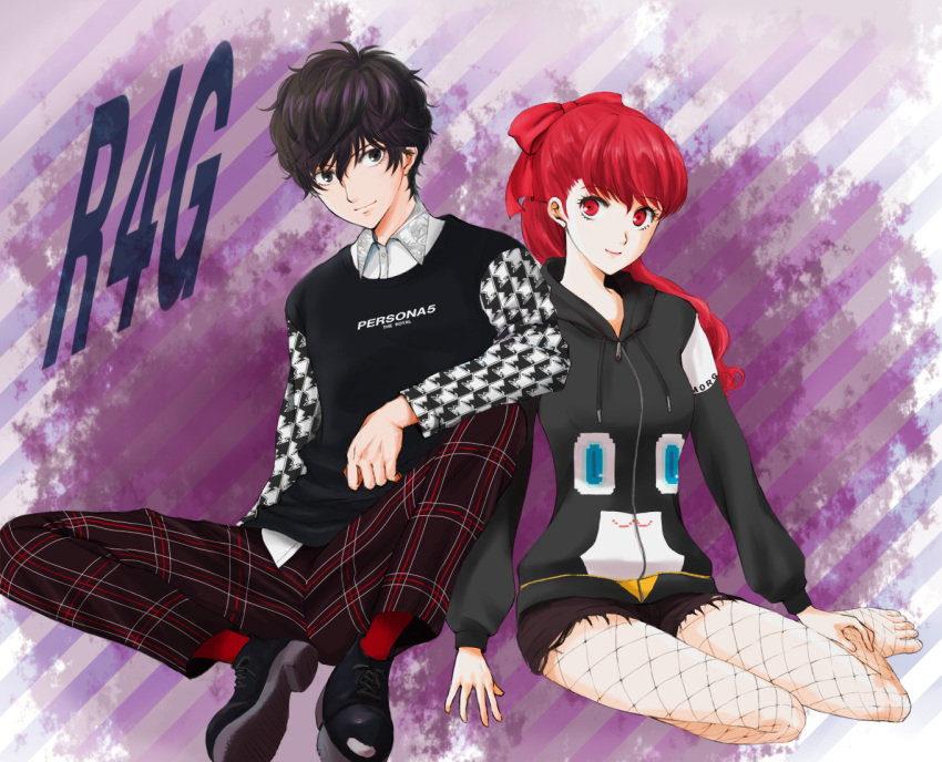 1boy, 1girl, amamiya_ren, bangs, black_cardigan, black_eyes, black_hair, black_pants
