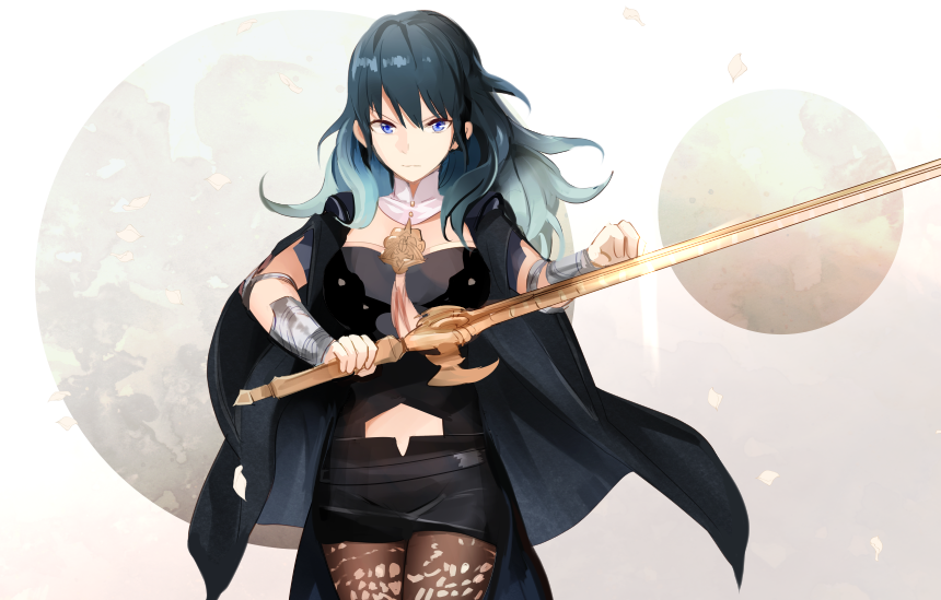 1girl, bangs, black_cape, black_hair, black_shorts, blue_eyes, brown_legwear, byleth_(fire_emblem)