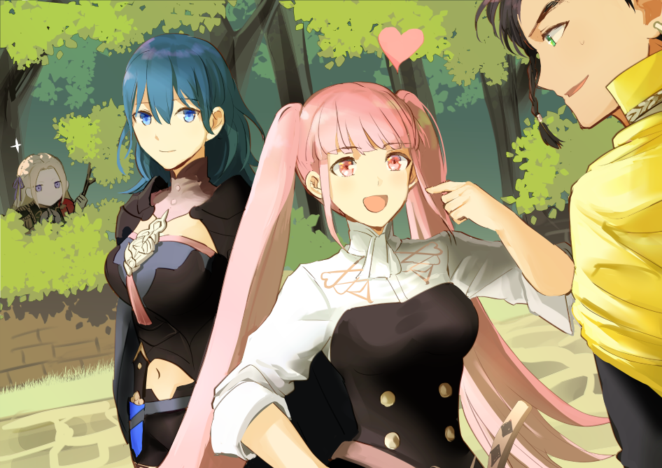 1boy, 3girls, :d, bangs, black_shorts, blonde_hair, blue_eyes, braid