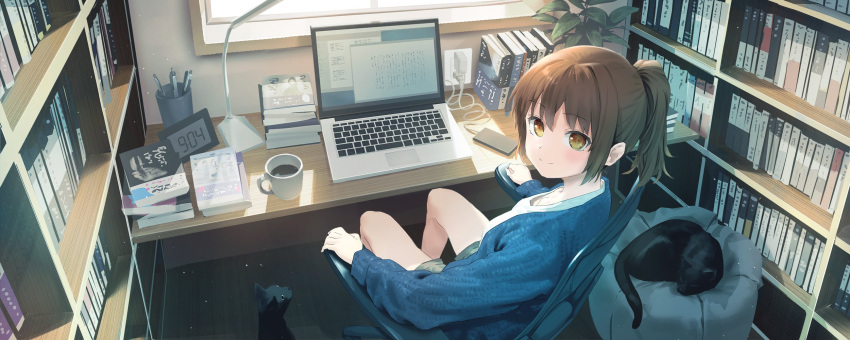 1girl, alarm_clock, arm_rest, black_cat, blush, book_stack, bookshelf, brown_eyes
