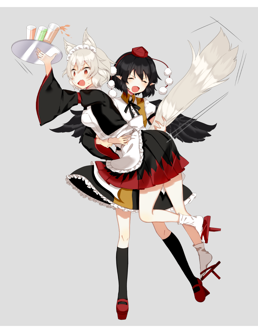 >:), 2girls, :d, alternate_costume, animal_ear_fluff, animal_ears, apron, arm_garter
