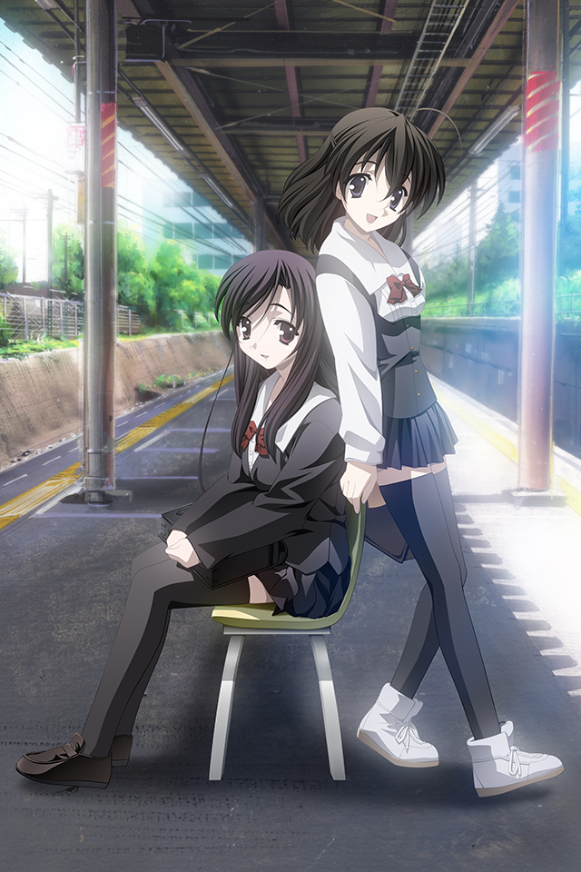 2girls, black_hair, katsura_kotonoha, leaf, leaning_on_object, loafers, multiple_girls, pale_skin