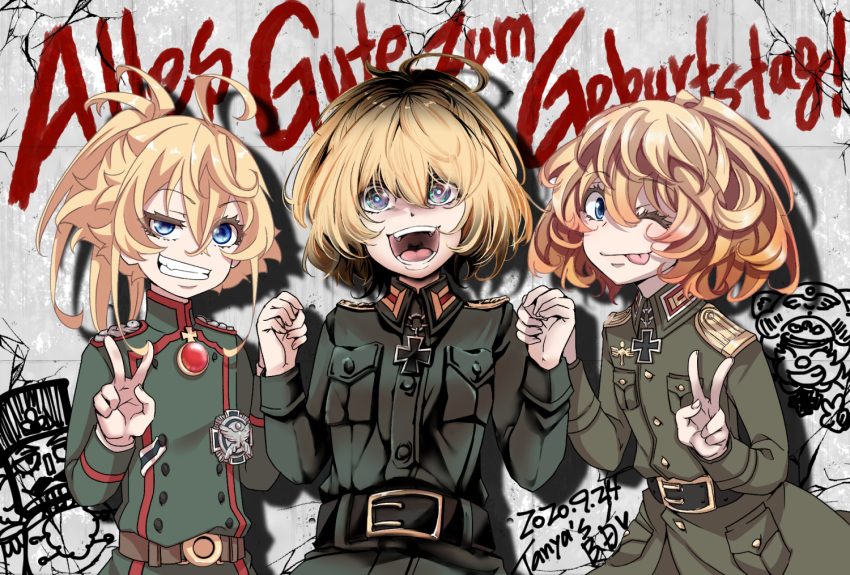 3girls, :d, ;p, ahoge, belt, blonde_hair, breast_pocket, graffiti