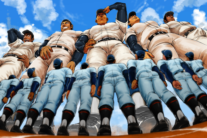 6+boys, backwards_hat, bara, belt, black_hair, bulge, chest, chijimetaro, clouds, cloudy_sky, crowd, from_below, full_body, giant, giant_male, hand_on_hip, hat, highres, looking_up, male_focus, multiple_boys, muscle, original, pants, shoes, short_hair, size_difference, sky, soccer_uniform, sportswear, standing, thick_thighs, thighs, tight, tight_pants, white_pants