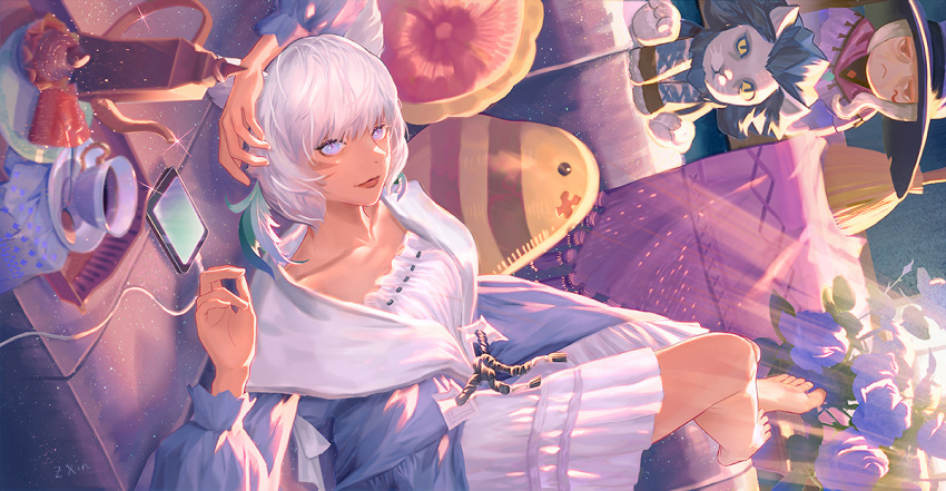 1girl, animal_ears, arm_up, bangs, barefoot, cake, cat_ears, cat_girl, cellphone, character_doll, closed_mouth, collarbone, cup, cupcake, day, doll, dress, drink, facial_mark, final_fantasy, final_fantasy_xiv, food, from_behind, grey_hair, hand_up, indoors, light_rays, lips, long_sleeves, looking_at_viewer, lying, matoya_(ff14), miqo'te, on_back, phone, pillow, runar, saucer, short_hair, sideways, smartphone, smile, solo, spoon, stuffed_animal, stuffed_toy, teacup, teapot, toes, violet_eyes, whisker_markings, y'shtola_rhul, zxin