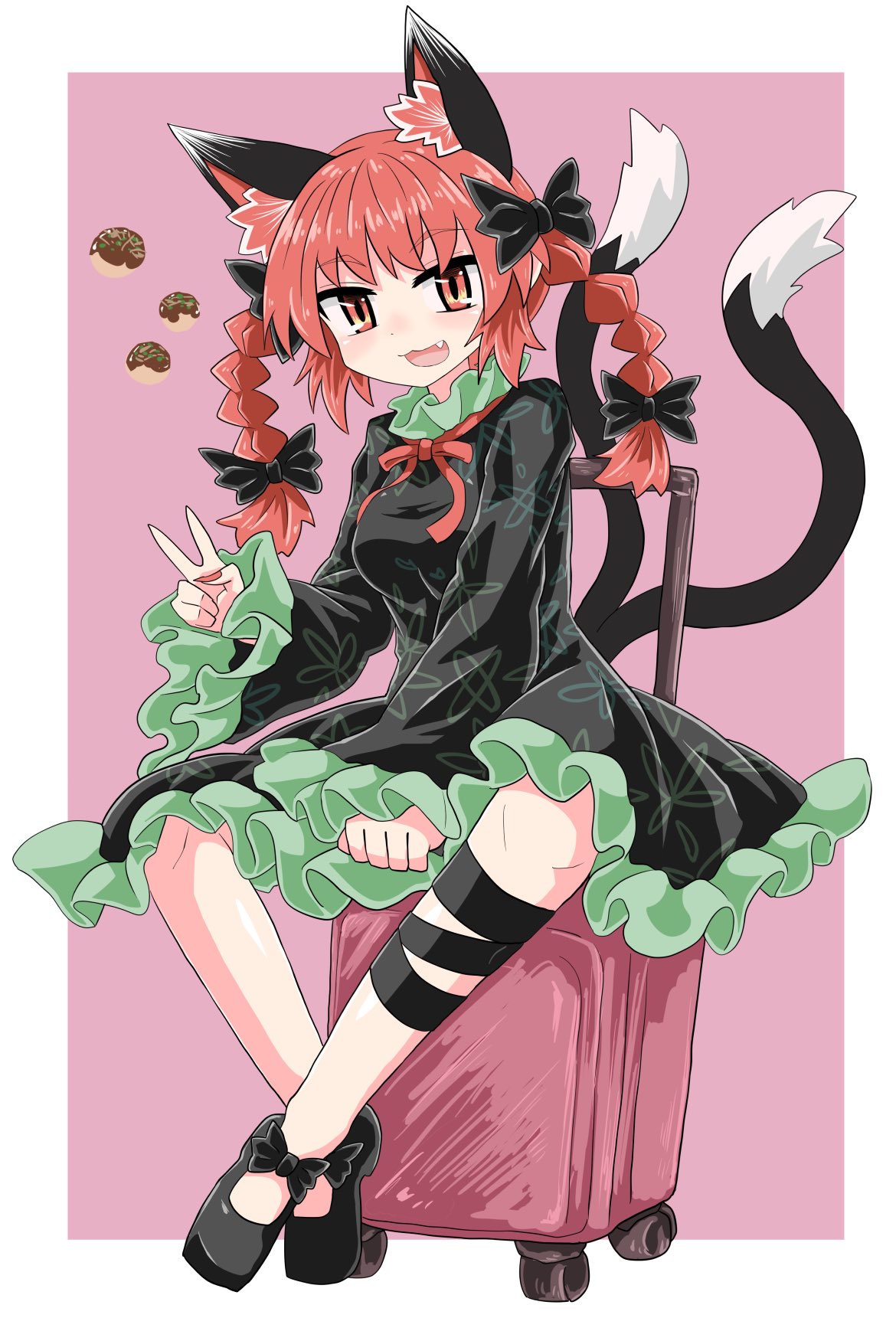 1girl, animal_ears, bangs, black_bow, black_dress, black_footwear, black_legwear, black_tail