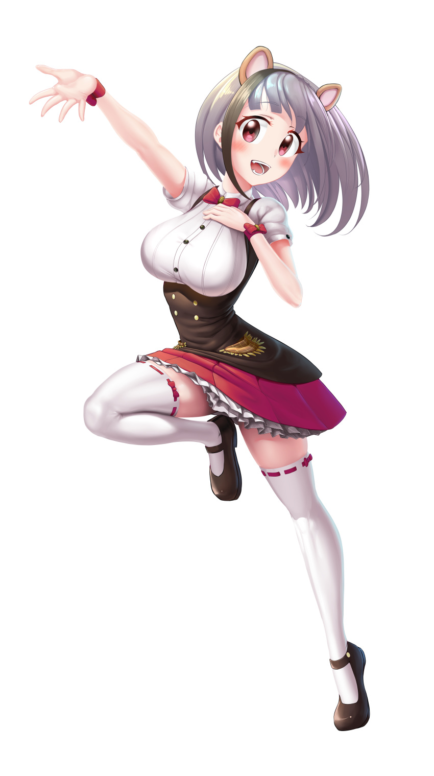 1girl, :d, absurdres, animal_ears, black_footwear, black_hair, blush, bow, bowtie, braid, breasts, buttons, english_commentary, extra_ears, eyebrows_visible_through_hair, fang, fangs, frilled_skirt, frills, full_body, grey_hair, hamster_ears, highres, indie_virtual_youtuber, kirara_mimi, lace-trimmed_legwear, lace_trim, leg_up, looking_at_viewer, medium_hair, multicolored_hair, noguen, open_mouth, red_eyes, red_neckwear, red_skirt, shirt, short_sleeves, simple_background, skirt, smile, solo, standing, standing_on_one_leg, streaked_hair, thigh-highs, virtual_youtuber, white_background, white_legwear, white_shirt