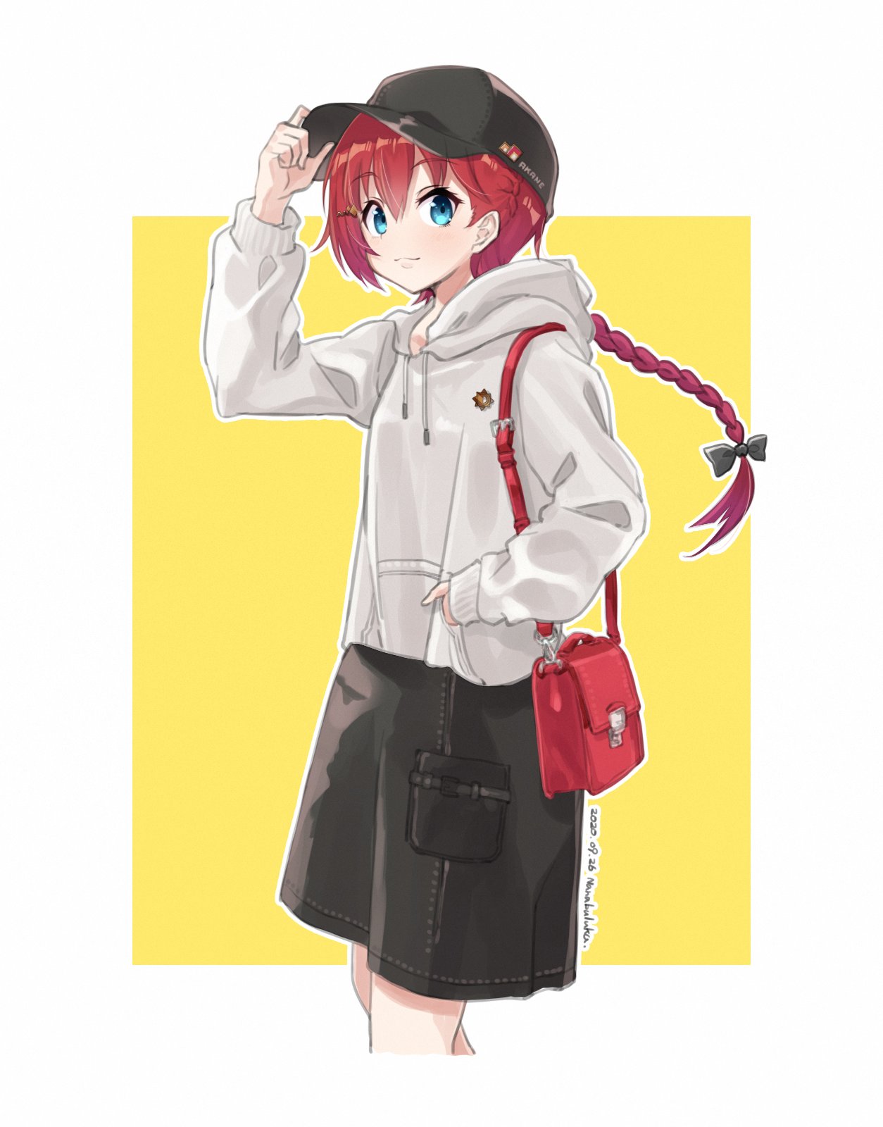 1girl, asahina_akane_(nijisanji), bag, black_bow, black_headwear, black_shorts, blue_eyes, border
