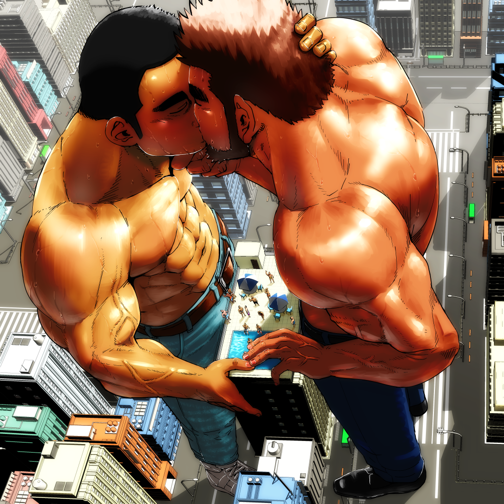 6+boys, abs, bara, beard, belt, black_hair, blush, brown_hair, building, chest, chijimetaro, city, denim, face-to-face, facial_hair, giant_male, hairy, hand_on_another's_head, jeans, kiss, leather, male_focus, miniboy, multiple_boys, muscle, navel, navel_hair, nipples, pants, pool, shiny, shiny_skin, shirtless, shoes, short_hair, sideburns, veins