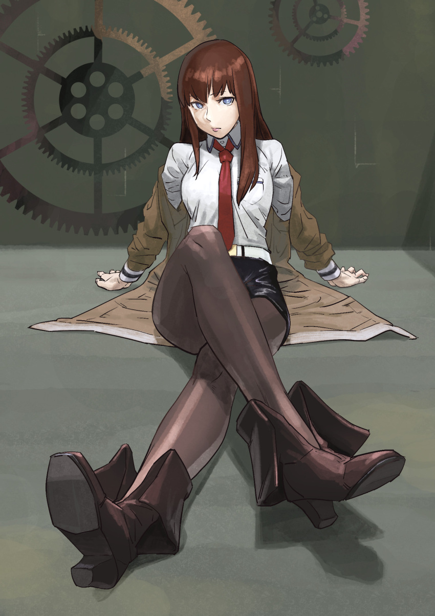 1girl, belt, black_legwear, blue_eyes, boots, brown_hair, dress_shirt, highres