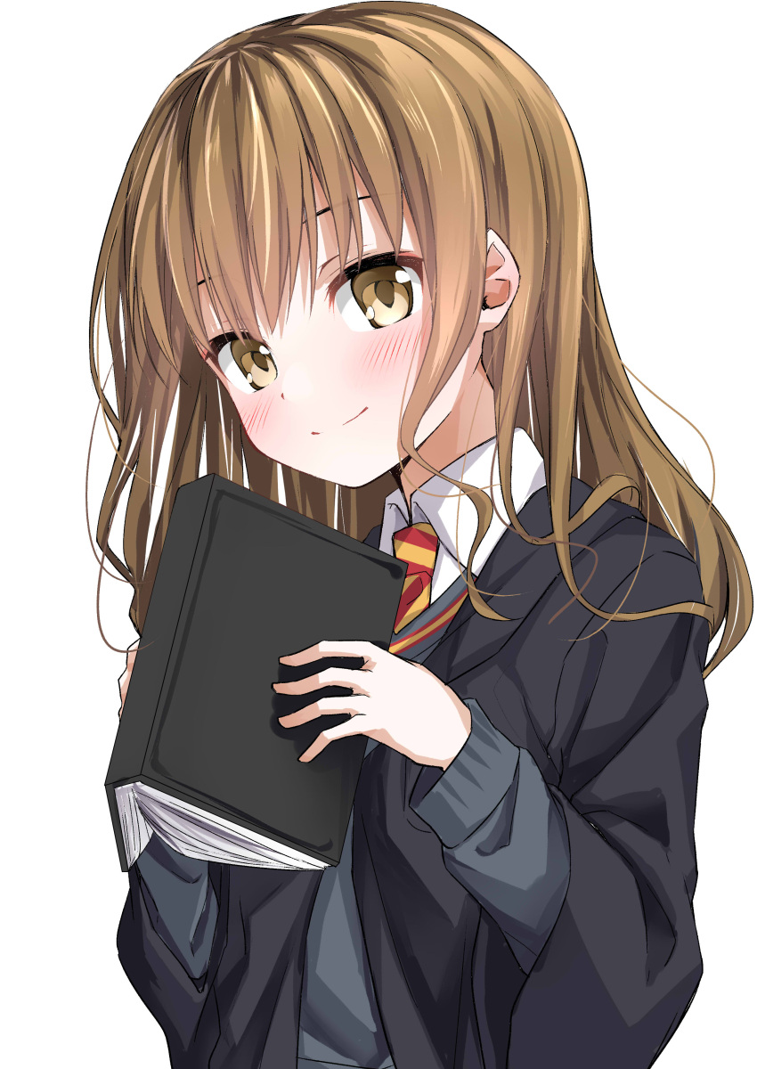 1girl, absurdres, bangs, black_jacket, book, brown_eyes, brown_hair, closed_mouth