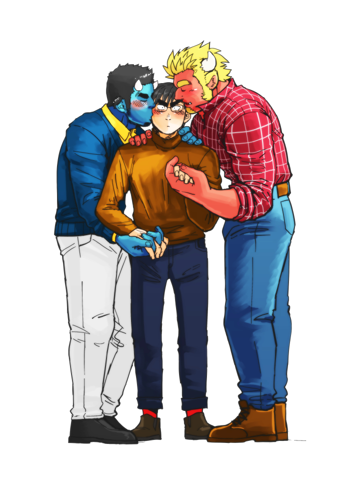 3boys, alternate_costume, bara, black_eyes, black_hair, blonde_hair, blue_oni, blue_oni_(chijimetaro)