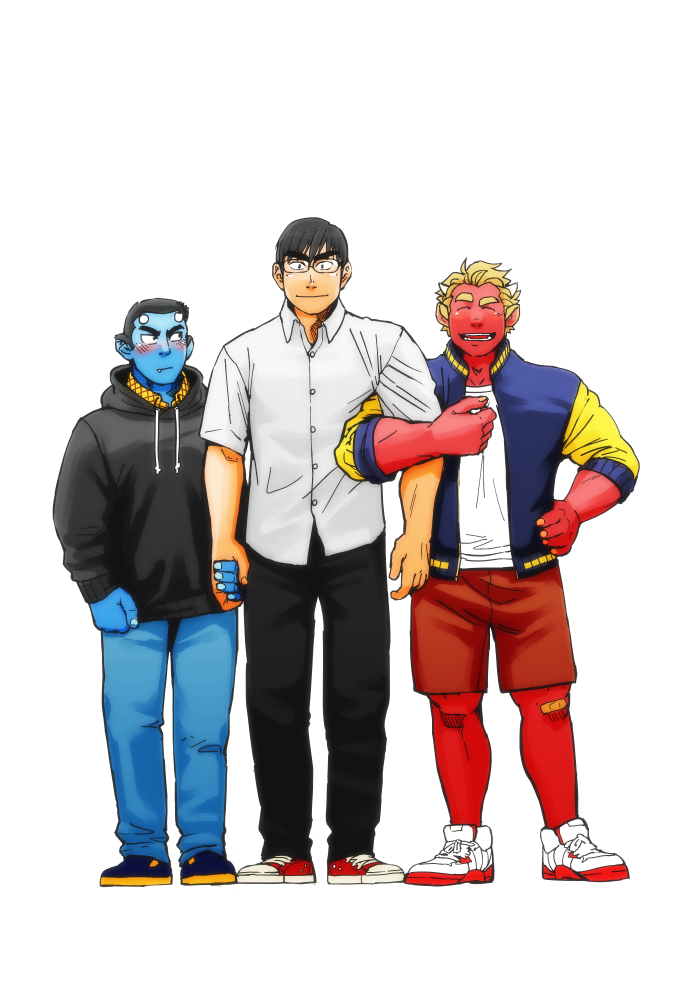 3boys, bara, black_eyes, black_hair, black_pants, blonde_hair, blue_eyes, blue_oni