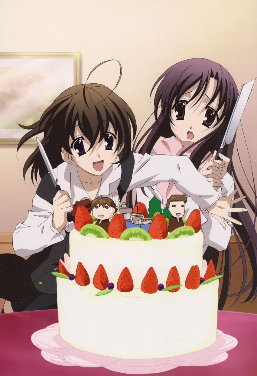 2girls, absurdres, ahoge, bird, black_eyes, black_hair, black_legwear, brown_hair