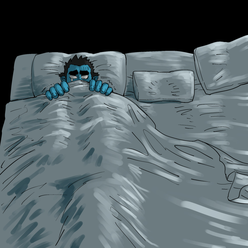 1boy, bara, bed, bed_sheet, black_background, black_hair, blue_oni, blue_oni_(chijimetaro), blue_skin, chijimetaro, cover, error, giant_male, highres, no_horn, no_pupils, oni, original, pillow, scared, solo, spiky_hair, tearing_up