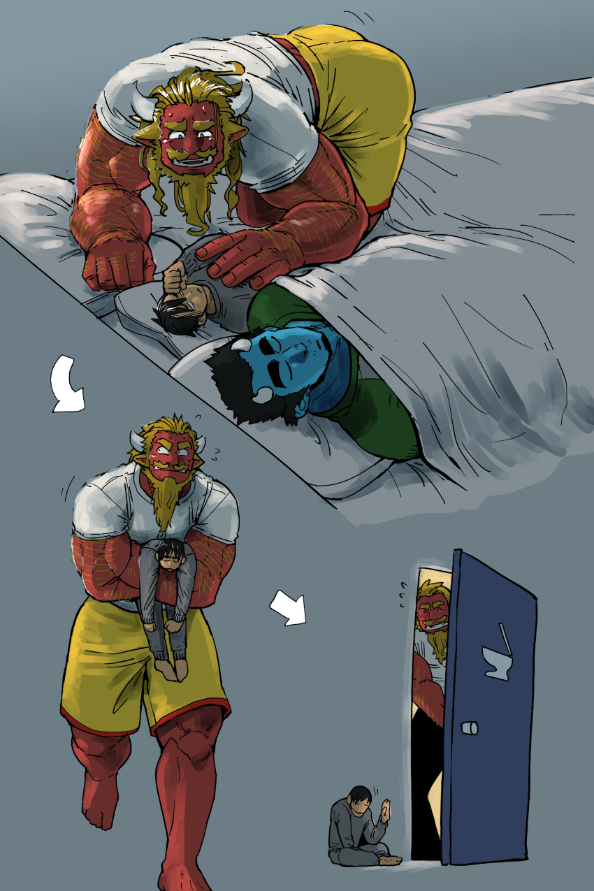 3boys, absurdres, bara, bathroom, beard, bed, bed_sheet, black_eyes