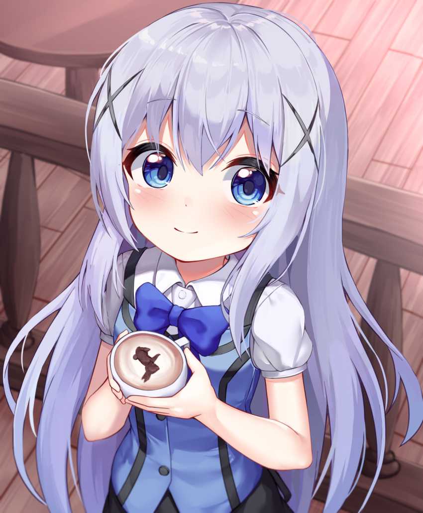 1girl, black_skirt, blue_eyes, blue_hair, blue_vest, blush, coffee, cup