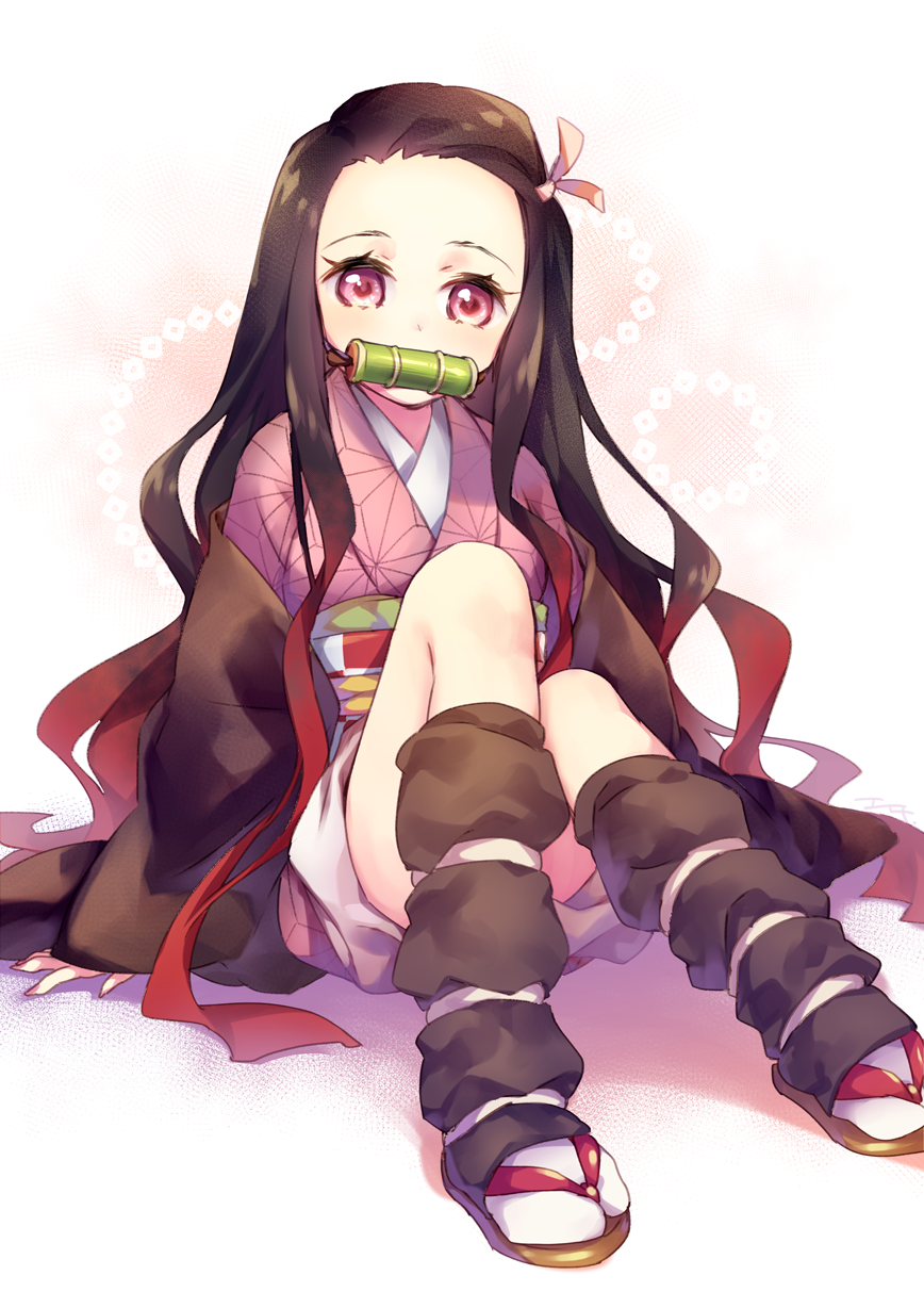 1girl, bamboo, bit_gag, black_hair, black_haori, ech, forehead, gag, gradient_hair, highres, japanese_clothes, kamado_nezuko, kimetsu_no_yaiba, kimono, long_hair, looking_at_viewer, multicolored_hair, obi, pink_eyes, pink_kimono, sash, sitting, solo, two-tone_hair