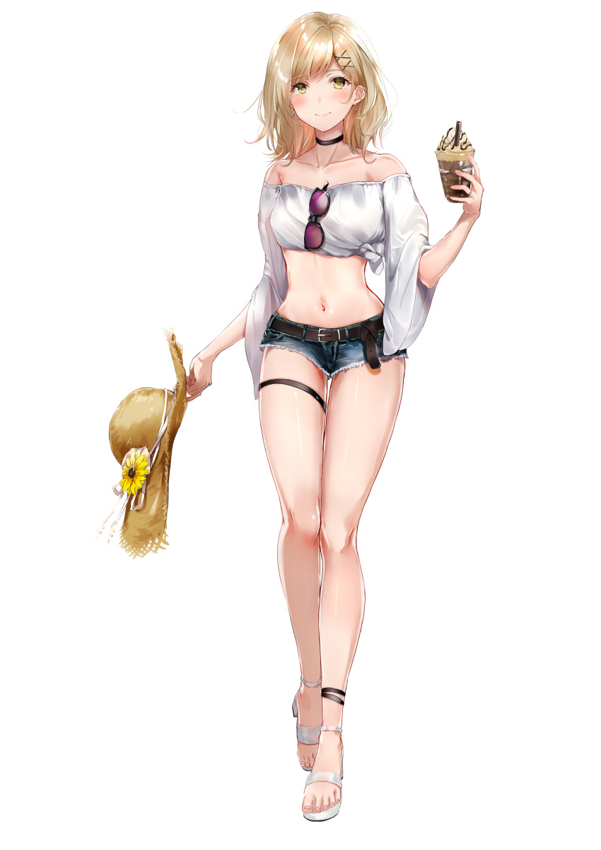 1girl, absurdres, ankle_strap, bangs, bare_shoulders, belt, black_choker, blonde_hair, blush, bubble_tea, choker, collarbone, commission, crop_top, denim, denim_shorts, ear_piercing, earrings, eyebrows_visible_through_hair, eyewear_hang, eyewear_removed, flower, food, full_body, godiva_chocolatier, hair_ornament, hairclip, hat, hat_removed, headwear_removed, high_heels, highres, holding, holding_clothes, holding_food, holding_hat, jewelry, konno_ao, long_hair, long_sleeves, looking_at_viewer, midriff, navel, original, piercing, shirt, short_shorts, shorts, simple_background, skeb_commission, smile, stomach, strappy_heels, straw_hat, sun_hat, sunflower, sunglasses, thigh_strap, tied_shirt, walking, white_background, white_footwear, white_shirt, wide_sleeves, yellow_eyes