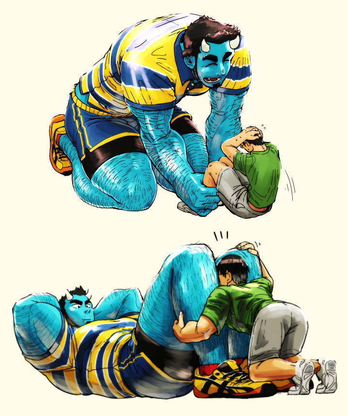 2boys, alternate_costume, ass, bara, beard, black_hair, blue_oni, blue_oni_(chijimetaro)