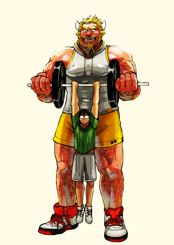 2boys, bara, bare_arms, beard, black_eyes, black_hair, blonde_hair, chijimetaro