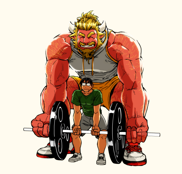 2boys, alternate_costume, bara, bare_arms, beard, black_hair, blonde_hair, chest