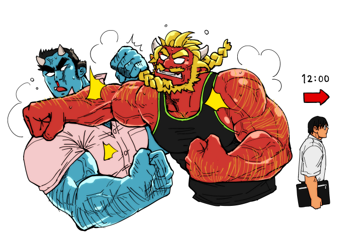 3boys, bara, bare_arms, beard, black_eyes, black_hair, black_tank_top, blonde_hair