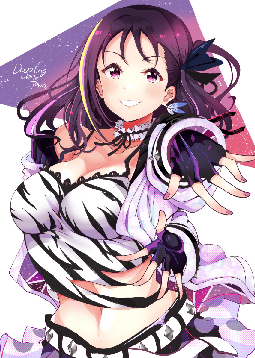1girl, animal_print, bangs, belt, black_gloves, black_shorts, blush, camisole, choker, clothing_cutout, cowboy_shot, dazzling_white_town, determined, earrings, fingerless_gloves, fingernails, frilled_choker, frills, gloves, grin, highres, jacket, jewelry, kazuno_sarah, kuzu_kow, looking_at_viewer, love_live!, love_live!_sunshine!!, love_live!_sunshine!!_the_school_idol_movie_over_the_rainbow, midriff, nail_polish, narrow_waist, navel, purple_hair, purple_nails, shorts, side_ponytail, smile, spaghetti_strap, studded_belt, tareme, teeth, tiger_print, torn_clothes, v-shaped_eyebrows, violet_eyes, white_belt, white_camisole