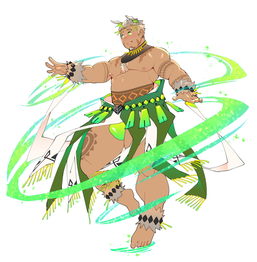 1boy, animal_ears, bara, belly, belt_collar, blush, bulge, chest