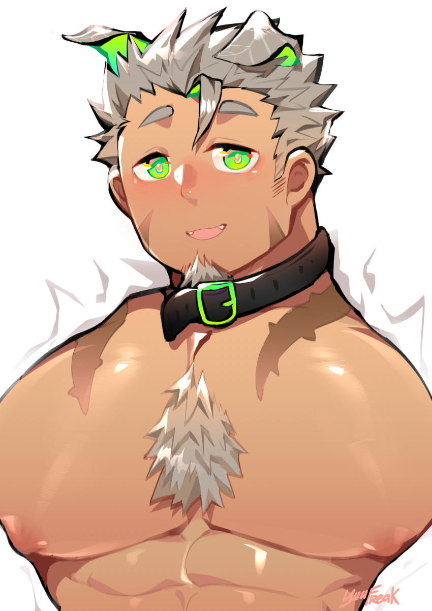 1boy, abs, animal_ears, bara, belt_collar, blush, chest, chest_hair
