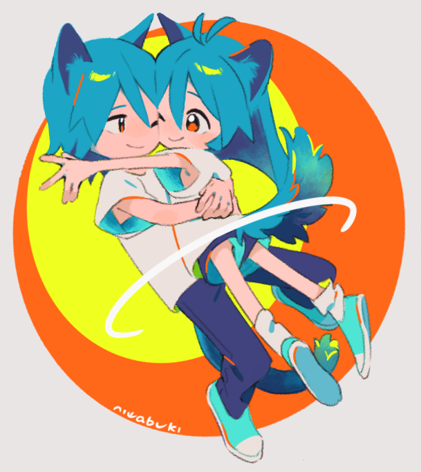 1boy, 1girl, ;), animal_ear_fluff, animal_ears, ankle_socks, antenna_hair, aqua_footwear