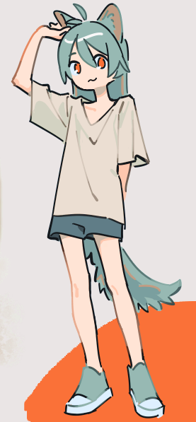 1girl, :3, animal_ear_fluff, animal_ears, antenna_hair, aqua_footwear, aqua_hair, arm_behind_back