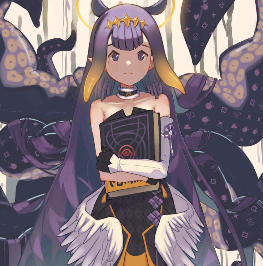 absurdres, choker, collarbone, detached_sleeves, gloves, halo, highres, hololive, hololive_english, long_hair, looking_at_viewer, low_wings, mole, mole_under_eye, ninomae_ina'nis, pinepizza, single_arm_warmer, single_detached_sleeve, smile, solo, tentacle_hair, tentacles, virtual_youtuber, wings