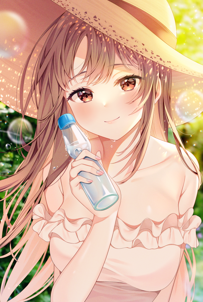 1girl, bangs, bare_shoulders, blurry, blurry_background, blush, bottle, breasts