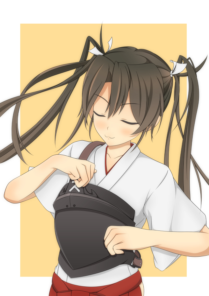 1girl, :3, bell_shireikan, breastplate, closed_eyes, dark_green_hair, hair_ribbon, highres