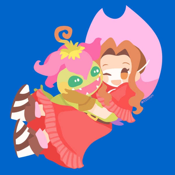 1girl, 1other, :d, ;d, bandai, blue_background, blush_stickers, brown_eyes