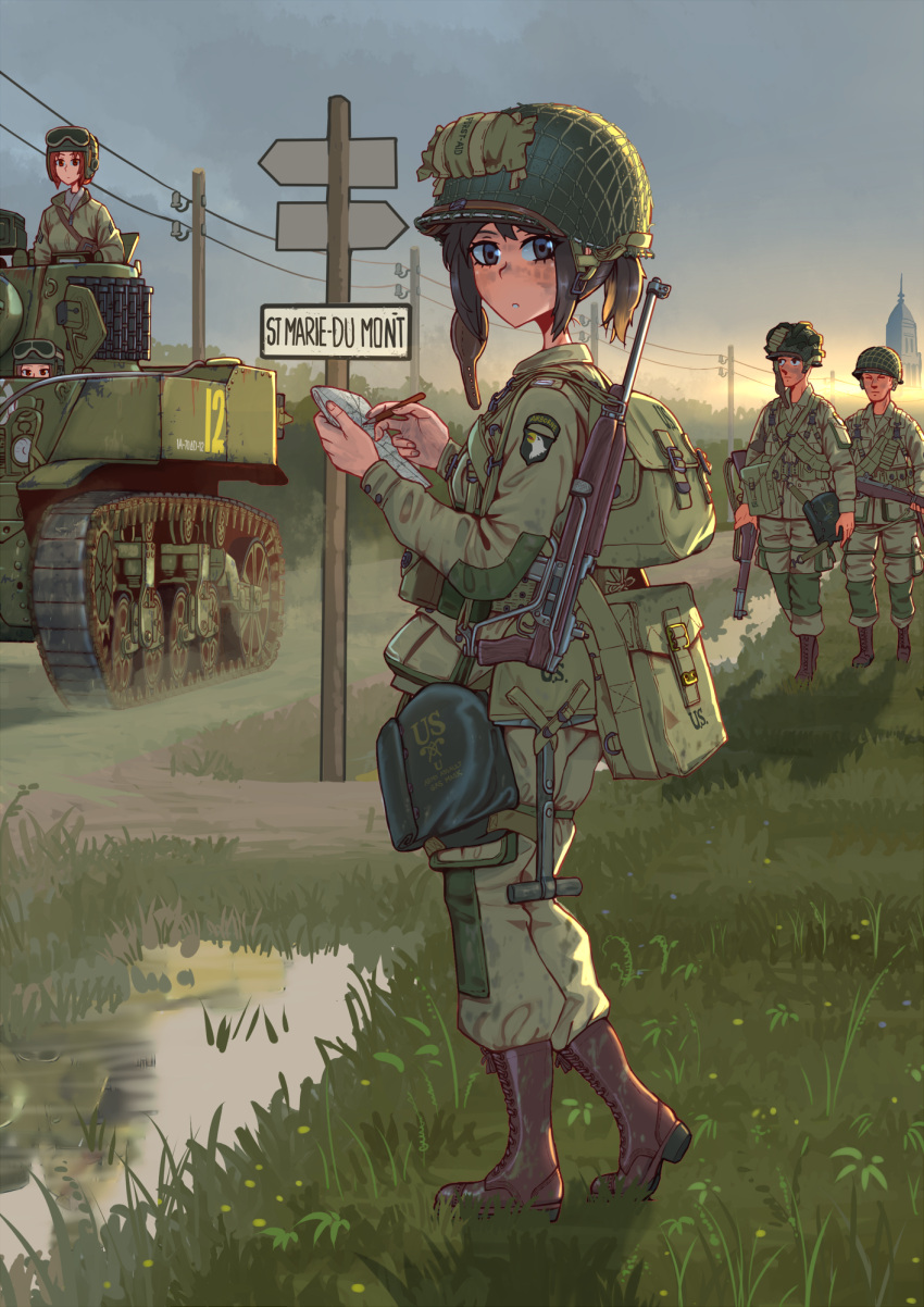 2boys, 3girls, backpack, bag, black_eyes, black_hair, boots, dirty, dirty_face, english_commentary, erica_(naze1940), expressionless, from_side, full_body, goggles, goggles_on_headwear, grass, ground_vehicle, gun, helmet, highres, holding, holding_gun, holding_weapon, long_sleeves, looking_at_viewer, m1_garand, m5_stuart, map, military, military_uniform, military_vehicle, motor_vehicle, multiple_boys, multiple_girls, original, outdoors, pants, parted_lips, power_lines, puddle, rifle, road, road_sign, short_hair, sidelocks, sign, soldier, solo_focus, standing, sunset, tank, uniform, utility_pole, weapon, weapon_on_back, world_war_ii, writing