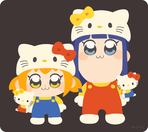 2girls, animal_hat, bangs, bkub_(style), black_background, blue_eyes, blue_hair, blue_overalls